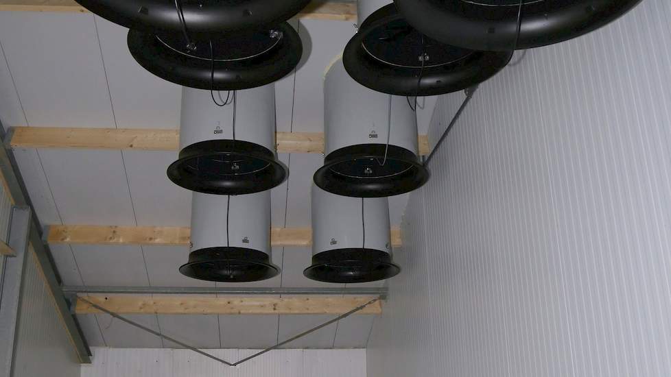 Achterin de stal zitten acht grote ventilatoren in een zogenaamde onderdrukkamer. Zeven van die acht ventilatoren kunnen alleen aan en uit en één ventilator kan trapsgewijs bij of terug schakelen. Er zitten geen dak boven de kokers om tegendruk te voorkom
