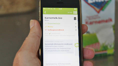 Het rapportcijfer is een gemiddelde van de bij Questionmark bekende gegevens. Deze producent heeft zelf nog geen aanvullende informatie aangeleverd, laat het scherm op de smartphone zien. Met de app kan een consument ook aangeven dat hij meer, of juist al