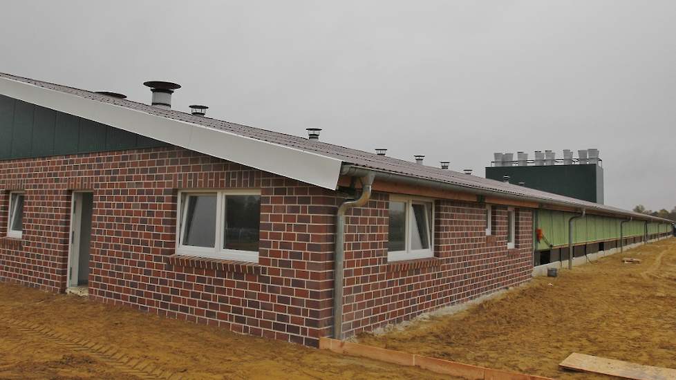 De voorgevel van de stal is gemetseld. De rest van de stalmuren bestaat uit prefab elementen. Tijdens het maken van de foto’s op dinsdag 1 november moet de vrije uitloop nog worden in gezaaid met graszaad. Alle erfbetreders die de stal willen betreden moe