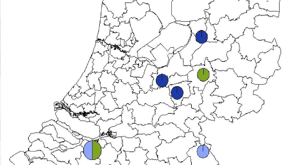 De afgelopen zes weken zijn er op vijf pluimveebedrijven besmettingen met acute snot (infectieuze Coryza) geconstateerd. Op vier pluimveebedrijven in het midden en noorden van Nederland (zie kaartje) werd de ziekte vastgesteld. Op één bedrijf werd de bac