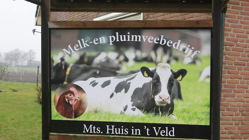 Dit bord maakt voorbijgangers duidelijk welke dieren er op dit bedrijf gehuisvest worden.