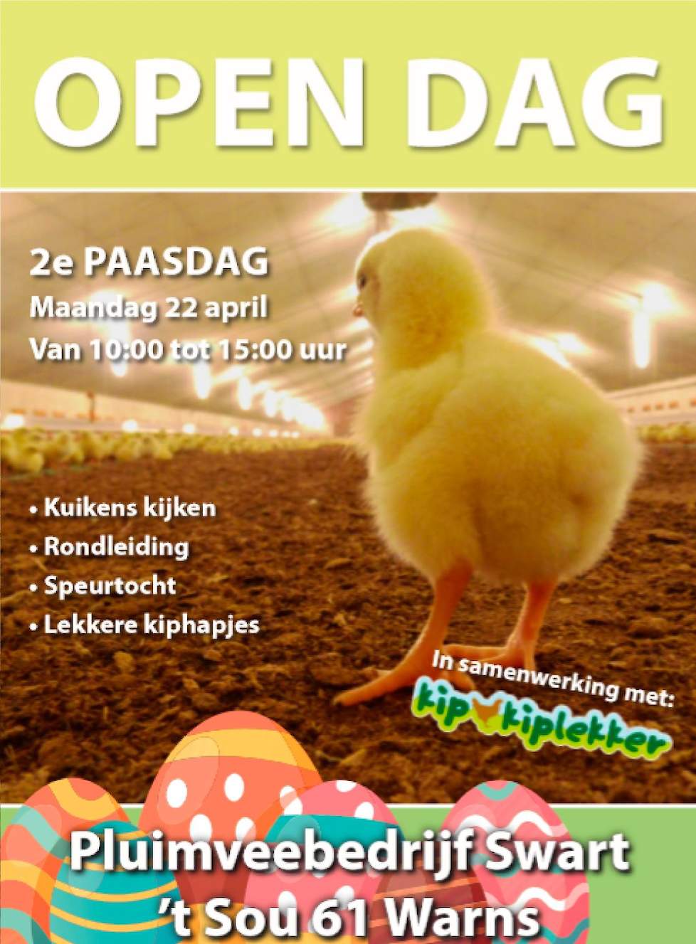 De poster van de open dag op tweede paasdag bij pluimveebedrijf Swart in Warns (FR)