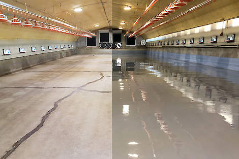 Voor en na vergelijking, links: beginsituatie poreuze betonnen vloer met haarscheurtjes. Rechts: volledig gecoate vloer