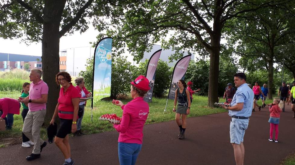 'Het begint rustig maar al snel kwam de grote golf van wandelaars. Die waarderen het eitje zeker,' zegt Mariska Oving, legpluimveehoudster in Odoornerveen. Woensdag haalden 42.691 wandelaars de finish.