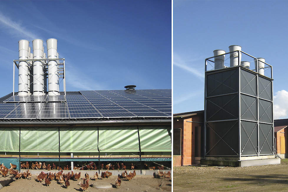 Links een stal met hoge stoorstenen en leghennen op de voorgrond, rechts een stal met een hoge ventilatietoren op de kopse kant.