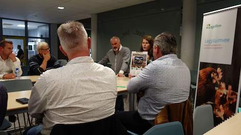 Gertjan Rooijakkers, specialist legpluimveehouderij, en zijn collega Anne ter Braak, nutritionist bij Agrifim, hielden afgelopen woensdag 23 oktober een korte presentatie tijdens de themacarrousel op de Pluimveeweb thema-avond Voeding in Horst (LB). Hieri
