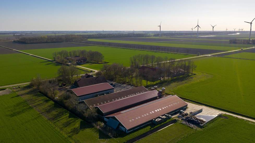 Een bedrijfsoverzicht waar vooraan beide vleeskuikenstallen met daartussenin de uitloop te zien zijn en daarachter de akkerbouwloodsen. In beide vleeskuikenstallen werkt de familie met een warmtewisselaar. Door de zonnepanelen op beide staldaken is het be