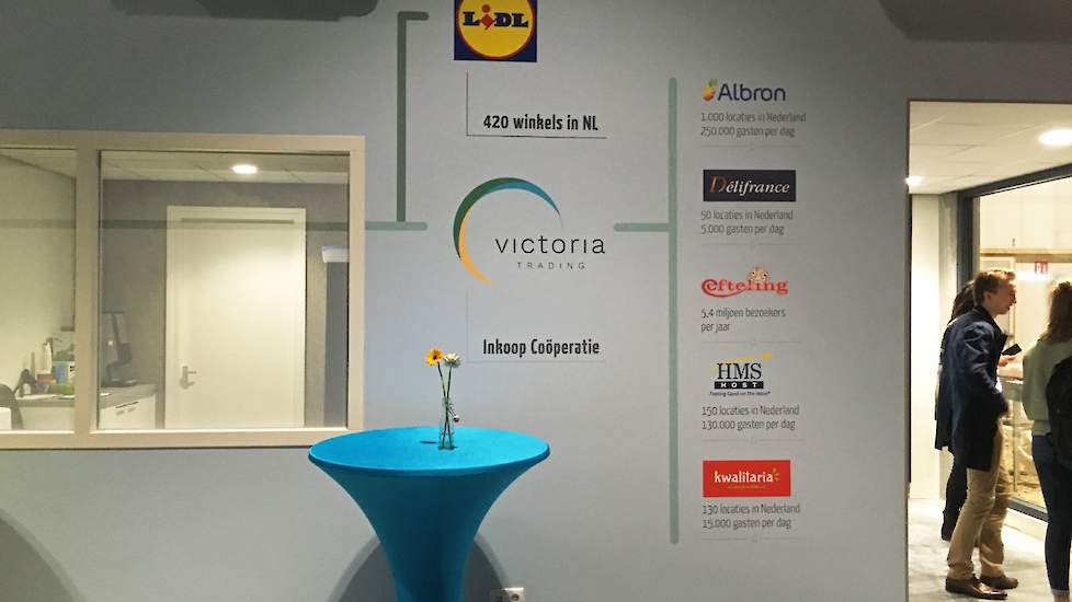 Op de wand zijn ook de partners van Kipster zichtbaar. Naast Lidl gaat ook inkooporganisatie Victoria Trading de eieren kopen. Dat bedrijf regelt de inkoop voor onder meer attractiepark De Efteling, cateraar Albron, snelweg en vliegveld food-service bedri