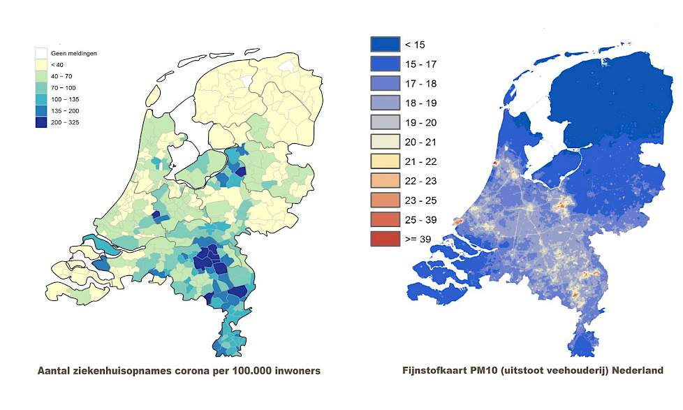 Er is de bewering dat de kaarten van fijnstof en ernstige coronabesmettingen sterke overeenkomsten vertonen, maar de verschillen lijken veel groter.