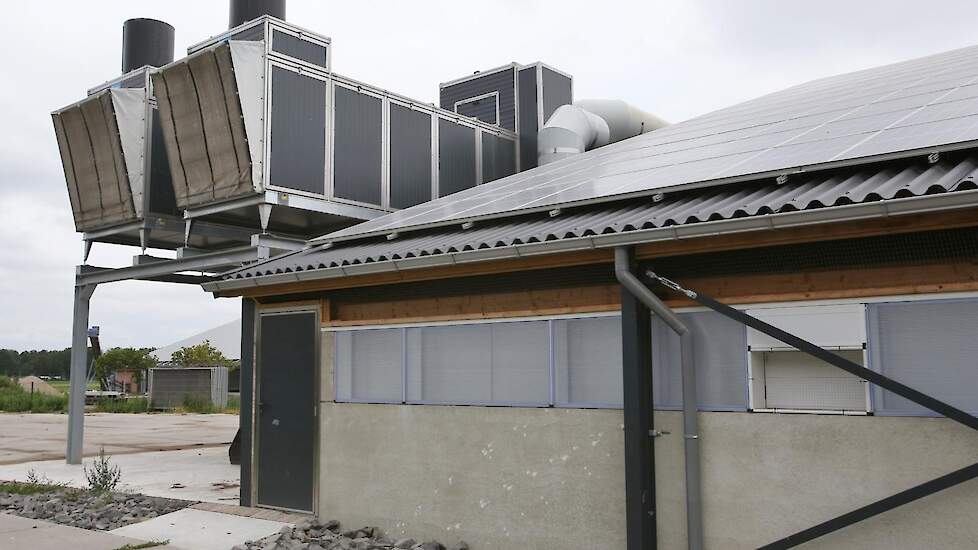In de nieuwe scharrelstal installeerde Hubers twee Eco Units. In de zomer koelt de Eco Unit de ingaande lucht door koud water over de lamellen in de wisselaar te spoelen.