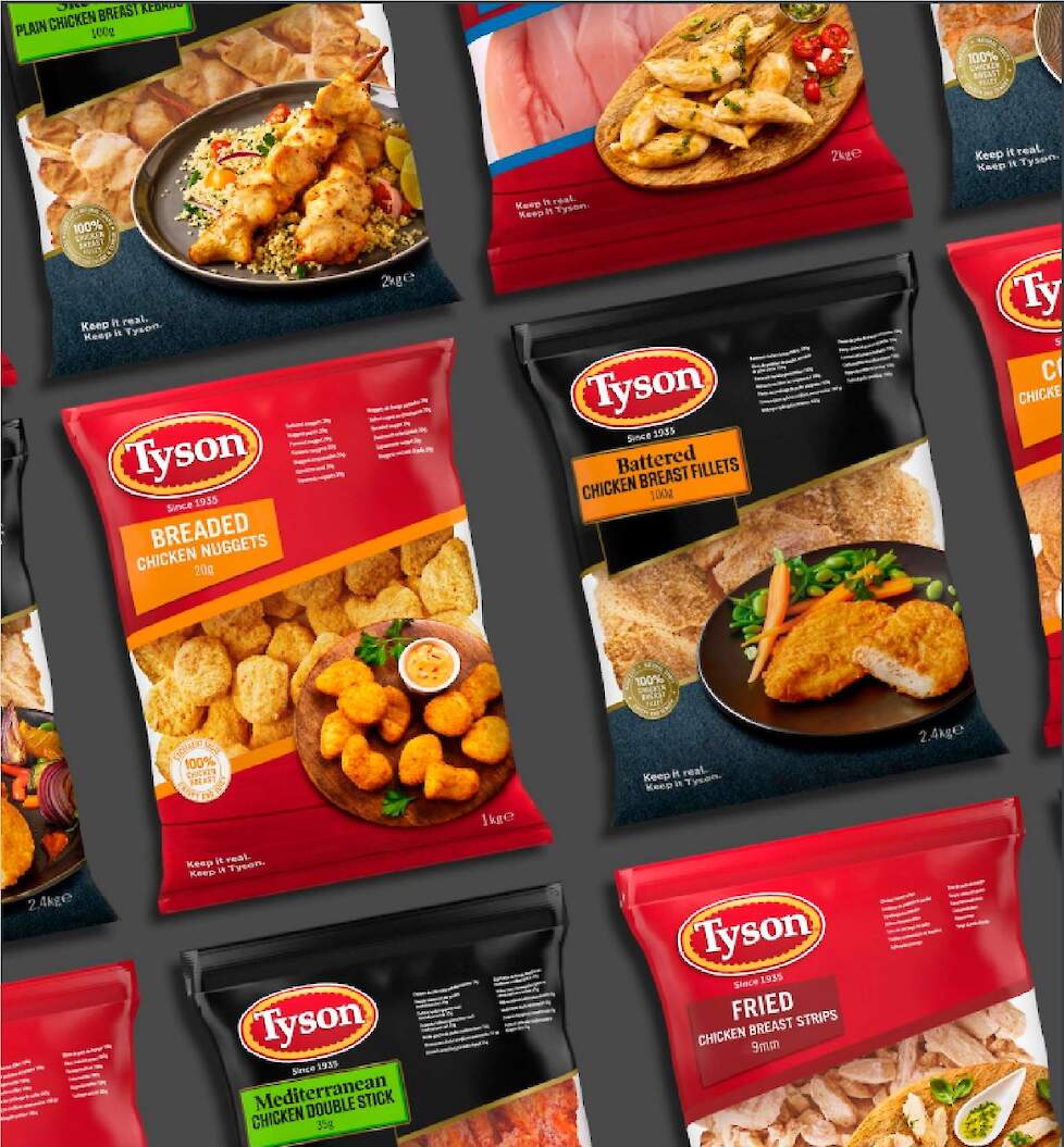 Het merk Tyson biedt 28 diepvriesproducten in categorieën variërend van gepaneerd, spiesen, rauw en gebakken.