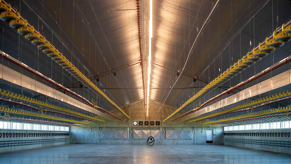 Van Doorn koos volledig voor lengteventilatie omdat ze één emissiepunt moesten hebben van de gemeente. In de achterwand zitten negen grote aan/uit ventilatoren en vijf kleinere. De totale ventilatiecapaciteit is 400.000 kuub, 8 kuub per vleeskuiken. „Meer