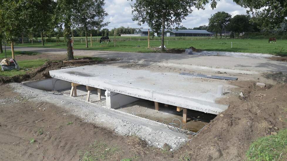 De nieuwe kippentunnel zodat de hennen naar de uitloop aan de overkant van de oprijlaan kunnen. „De vorige voldeed niet meer: volgens de regelgeving moet er 6 strekkende meter opening zijn per 3000 kippen zijn. Een regel die niet echt praktisch is; kippen