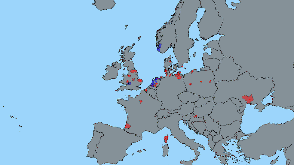 Het aantal besmettingen met hoog pathogene vogelgriep in Europa is fors toegenomen. Op deze kaart zijn in rood het aantal besmettingen van hoog pathogene vogelgriep op pluimveebedrijven te zien en in het blauw het aantal besmettingen bij hobbypluimvee tot