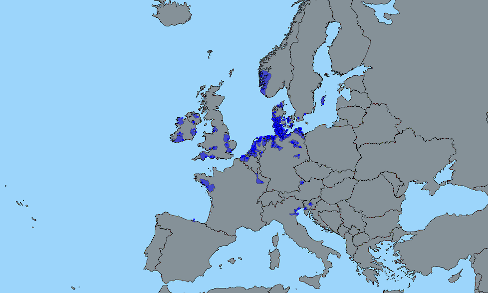 Het aantal besmettingen van hoog pathogene vogelgriep bij wilde vogels in Europa tot en met 8 december 2020.