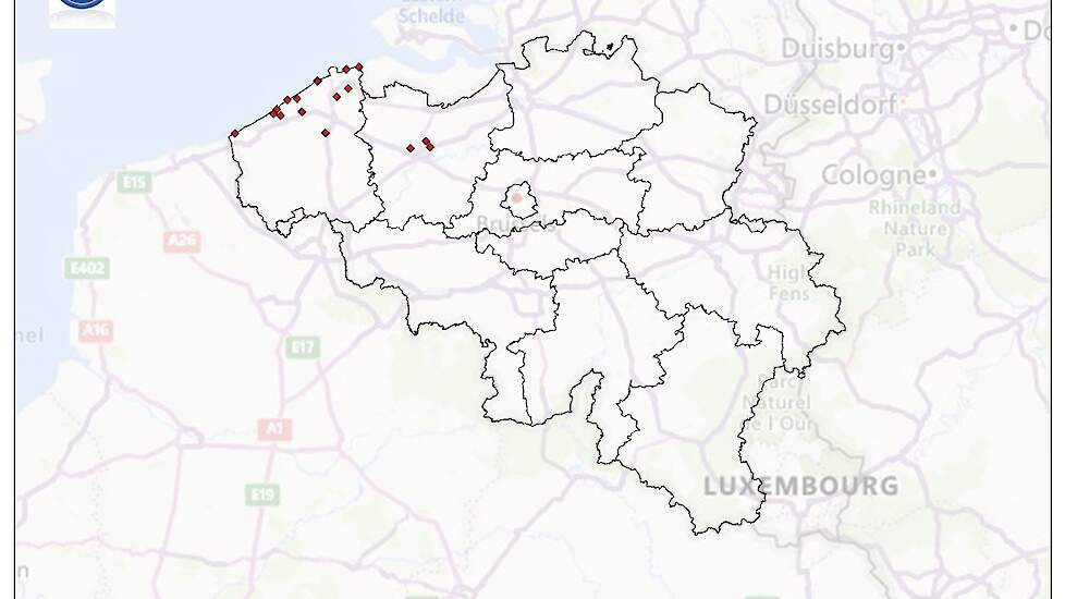 Locaties waar hoog pathogene vogelgriep is vastgesteld bij wilde vogels. Kaart van het Federaal Agentschap voor de Veiligheid van de Voedselketen (FAVV).