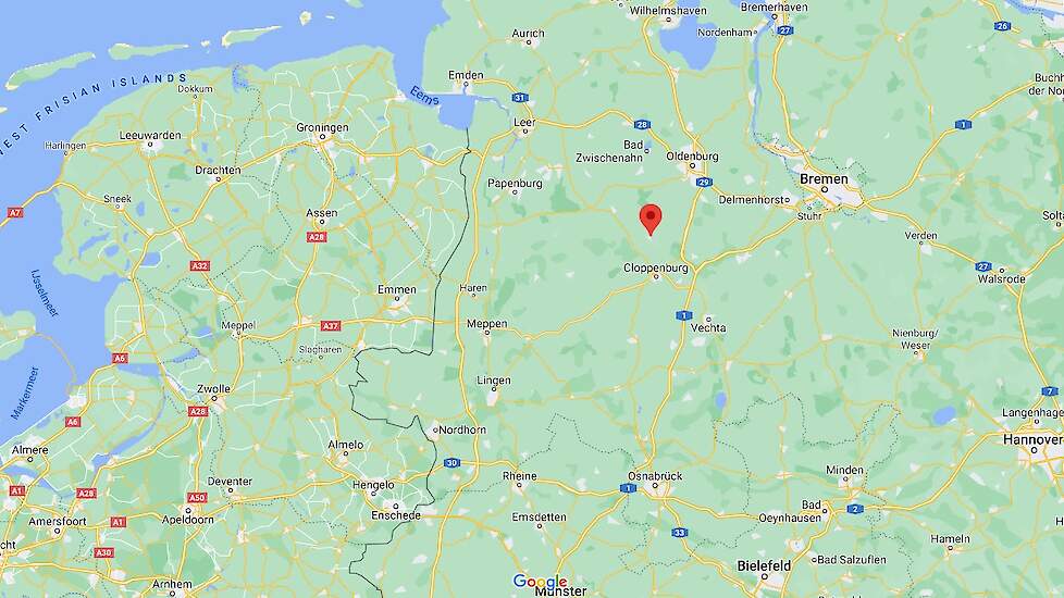 In de gemeente Garrel (zie rode stip op de kaart) in de West-Duitse regio Cloppenburg is afgelopen weekend hoog pathogene H5N8 vogelgriep vastgesteld op een kalkoenbedrijf.