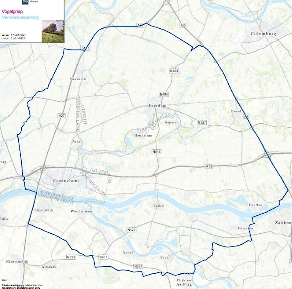 Deze kaart toont het vervoersbeperkingsgebied 10 km in verband met een besmetting vogelgriep op een locatie in Vuren.