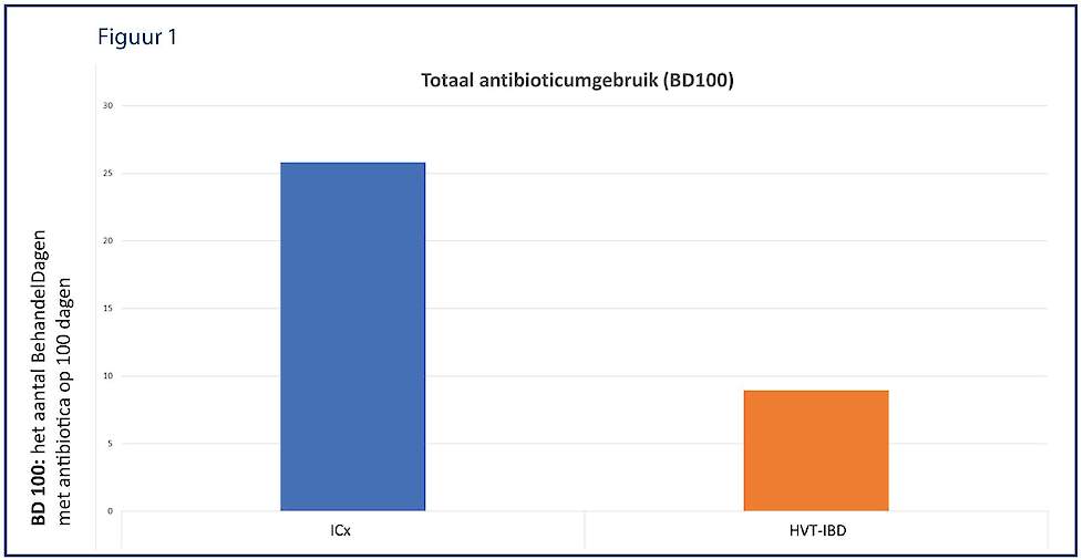 De resultaten in figuur 1 tonen het verschil in de hoeveelheid antibiotica die wordt gebruikt in de groep die met de immunocomplex (ICx)-vaccins waren gevaccineerd in vergelijking met de groep die met de recombinante vector (HVT-IBD)-vaccins waren gevacci