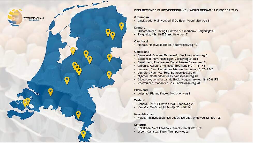 Negentien legpluimveebedrijven verdeeld over Nederland openen volgende week zaterdag 11 oktober hun deuren voor burgers tijdens de Wereld Ei Dag.